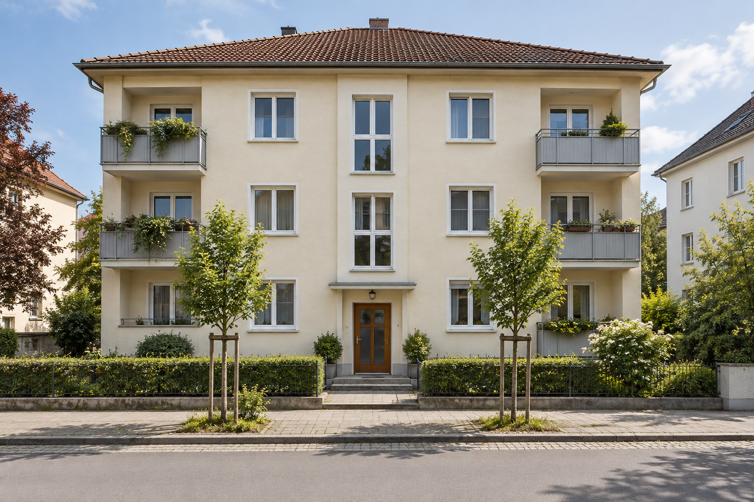 Vollständiges dreigeschossiges Mehrparteienhaus mit Balkonen und Bäumen an einer Straße